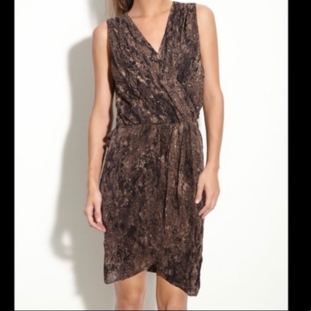 HAUTE HIPPIE Silk Dress - BROWN SILK EMBELLISHED FAUX WRAP COCKTAIL DRESS